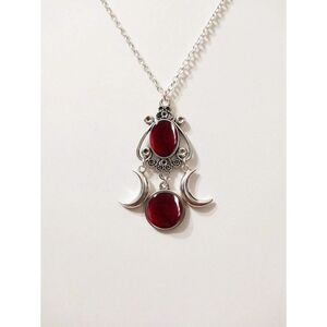 Boho Silver Moon Goddess Necklace Oval Red Gemstone Pendant Celestial Filigree